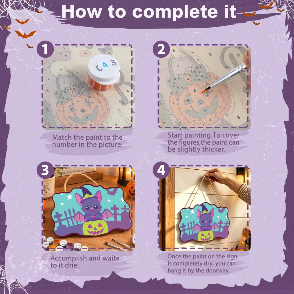 Paint by Numbers - Wooden Door Hanger | Bat in a Witch Hat with a Pumpkin