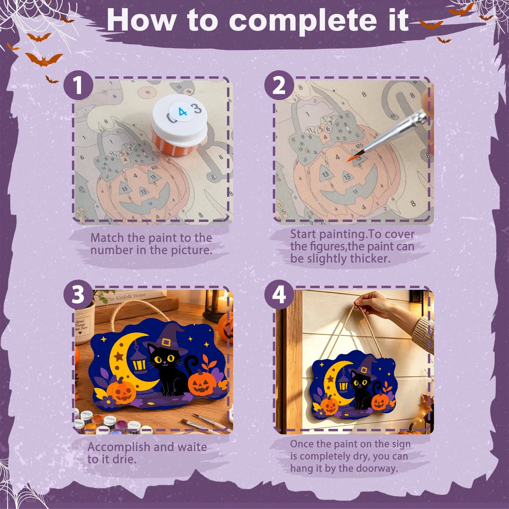 Paint by Numbers - Wooden Door Hanger | Black Cat Witch with a Lantern Moon