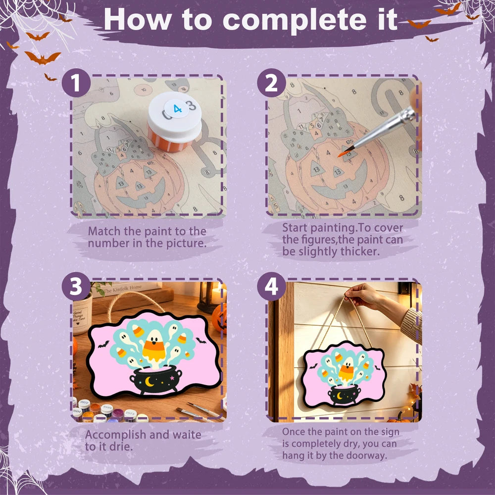 Paint by Numbers - Wooden Door Hanger | Candy Corn Ghosts in the Cauldron
