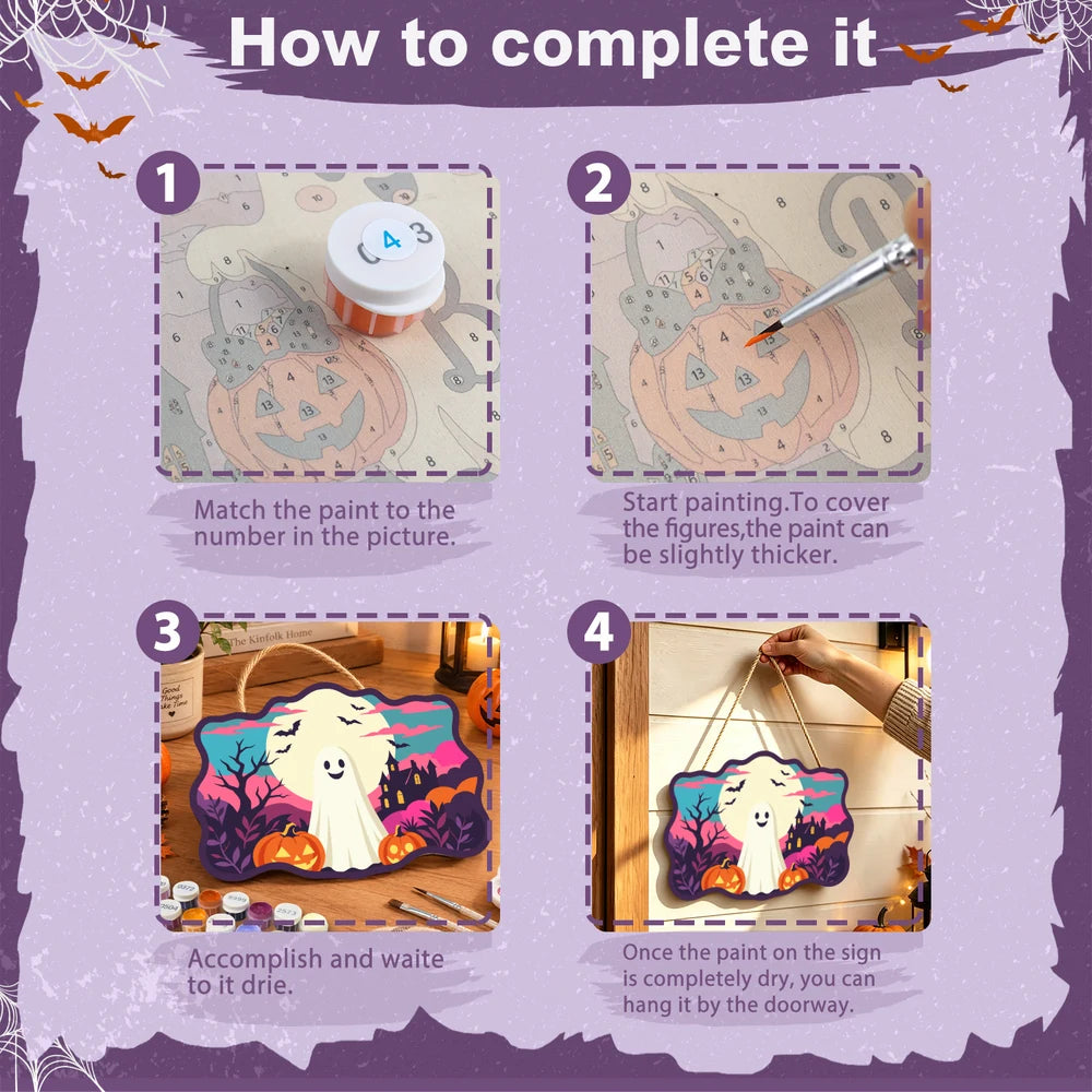 Paint by Numbers - Wooden Door Hanger | Friendly Ghost Under the Full Moon