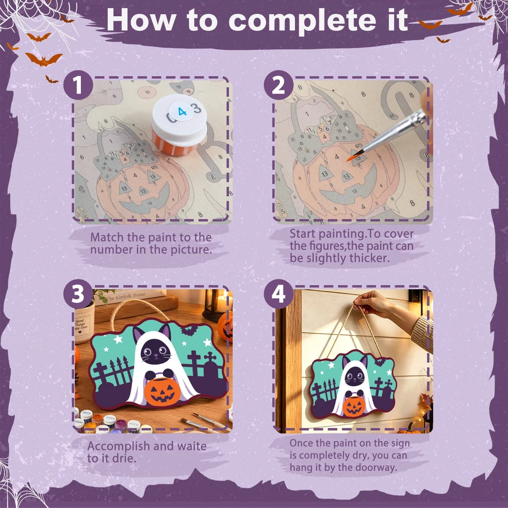 Paint by Numbers - Wooden Door Hanger | Ghost Cat with a Pumpkin