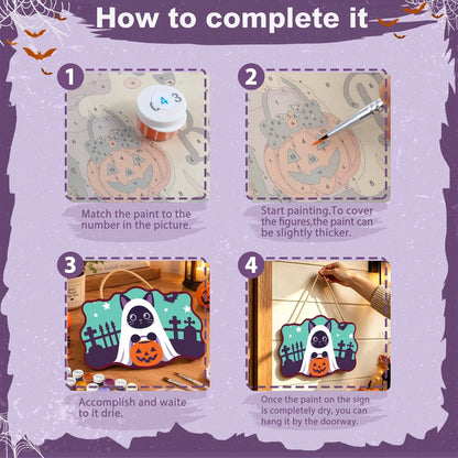 Paint by Numbers - Wooden Door Hanger | Ghost Cat with a Pumpkin