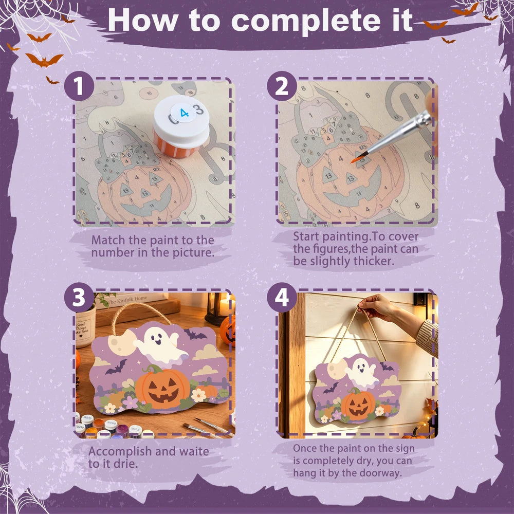 Paint by Numbers - Wooden Door Hanger | Ghost Over a Jack-o'-Lantern at Dusk