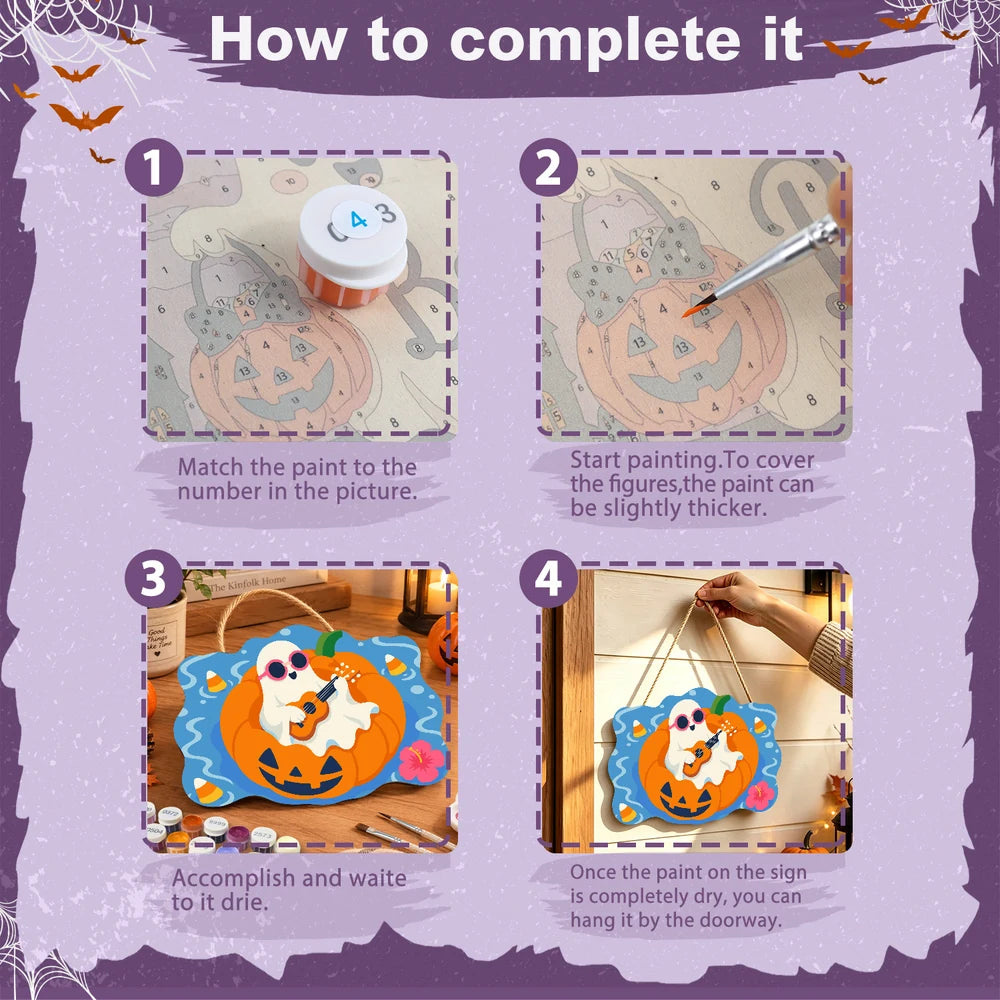 
Paint by Numbers - Wooden Door Hanger | Ghost Playing Ukulele on a Pumpkin Float
