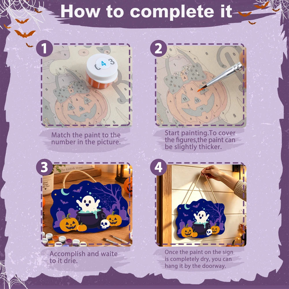 
Paint by Numbers - Wooden Door Hanger | Ghost in a Cauldron in the Graveyard