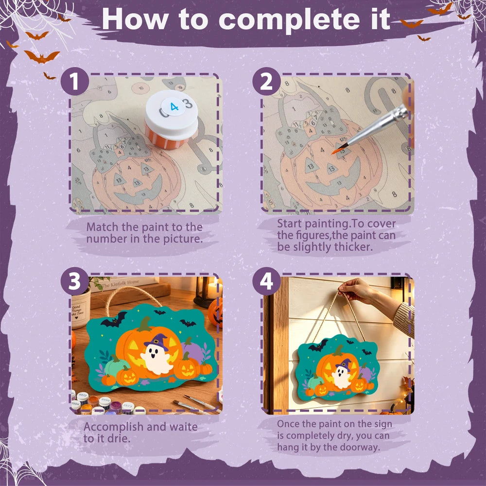 Paint by Numbers - Wooden Door Hanger | Ghost in a Witch Hat with Pumpkins