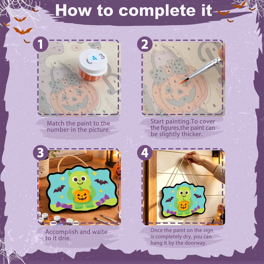 
Paint by Numbers - Wooden Door Hanger | Green Monster with a Jack-o'-Lantern