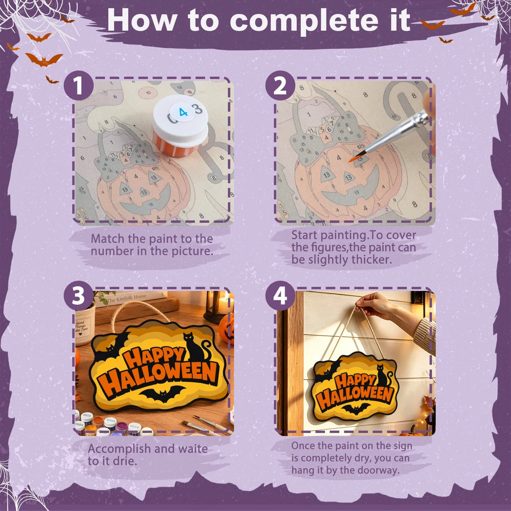 Paint by Numbers - Wooden Door Hanger | Happy Halloween Cat and Bat