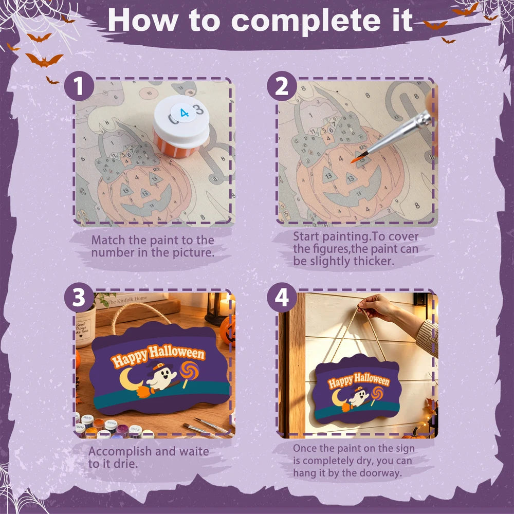 
Paint by Numbers - Wooden Door Hanger | Happy Halloween Ghost with a Lollipop