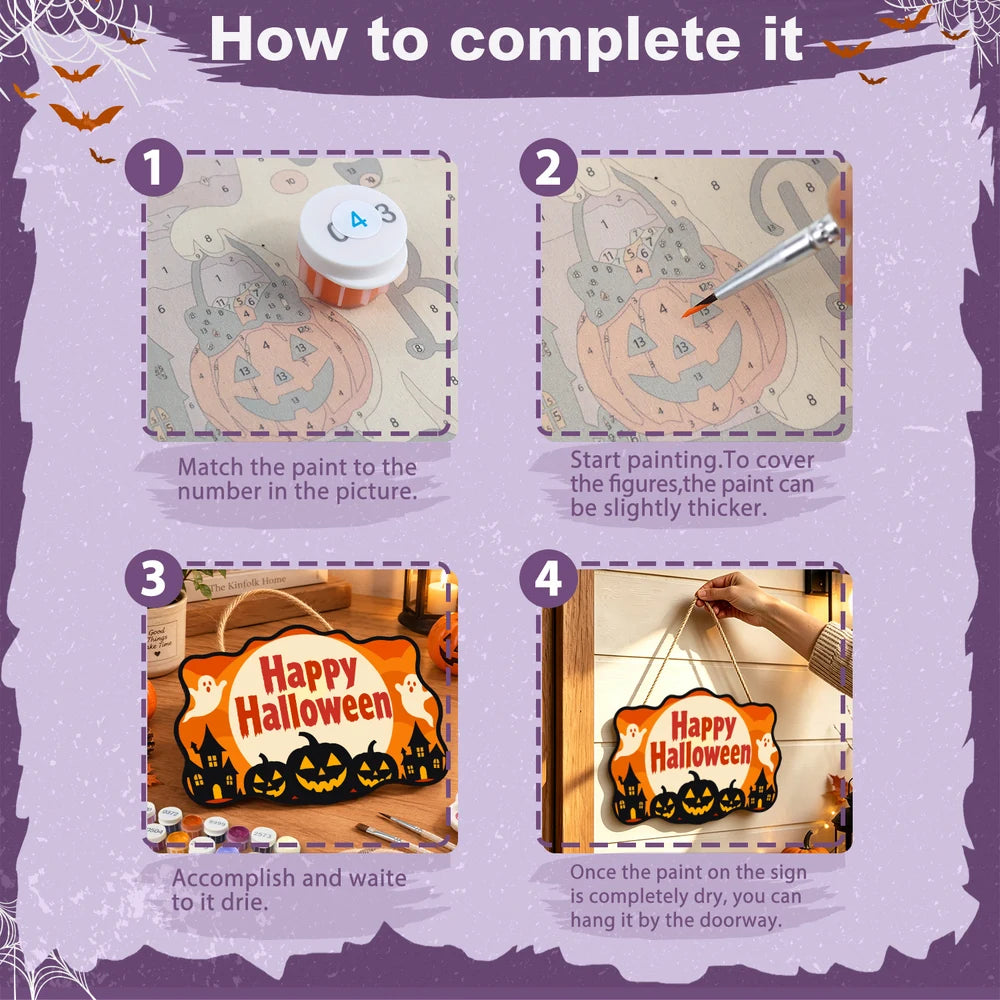 
Paint by Numbers - Wooden Door Hanger | Happy Halloween Ghosts Over the Town
