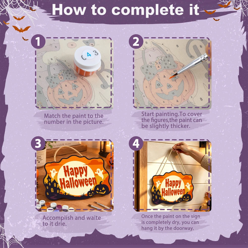 Paint by Numbers - Wooden Door Hanger | Happy Halloween Ghosts in the Moon