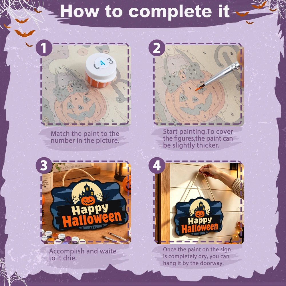 Paint by Numbers - Wooden Door Hanger | Happy Halloween Haunted House Sign
