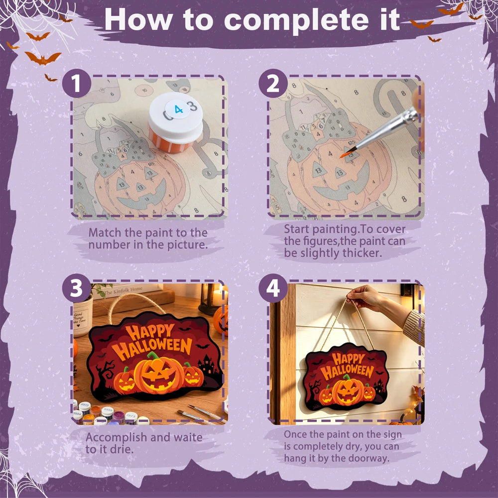 Paint by Numbers - Wooden Door Hanger | Happy Halloween Pumpkin Trio at Night