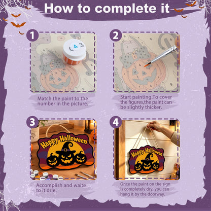 Paint by Numbers - Wooden Door Hanger | Happy Halloween Pumpkins in a Witch Hat