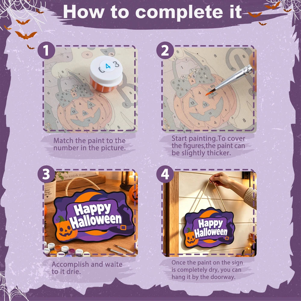 Paint by Numbers - Wooden Door Hanger | Happy Halloween Purple Pumpkin