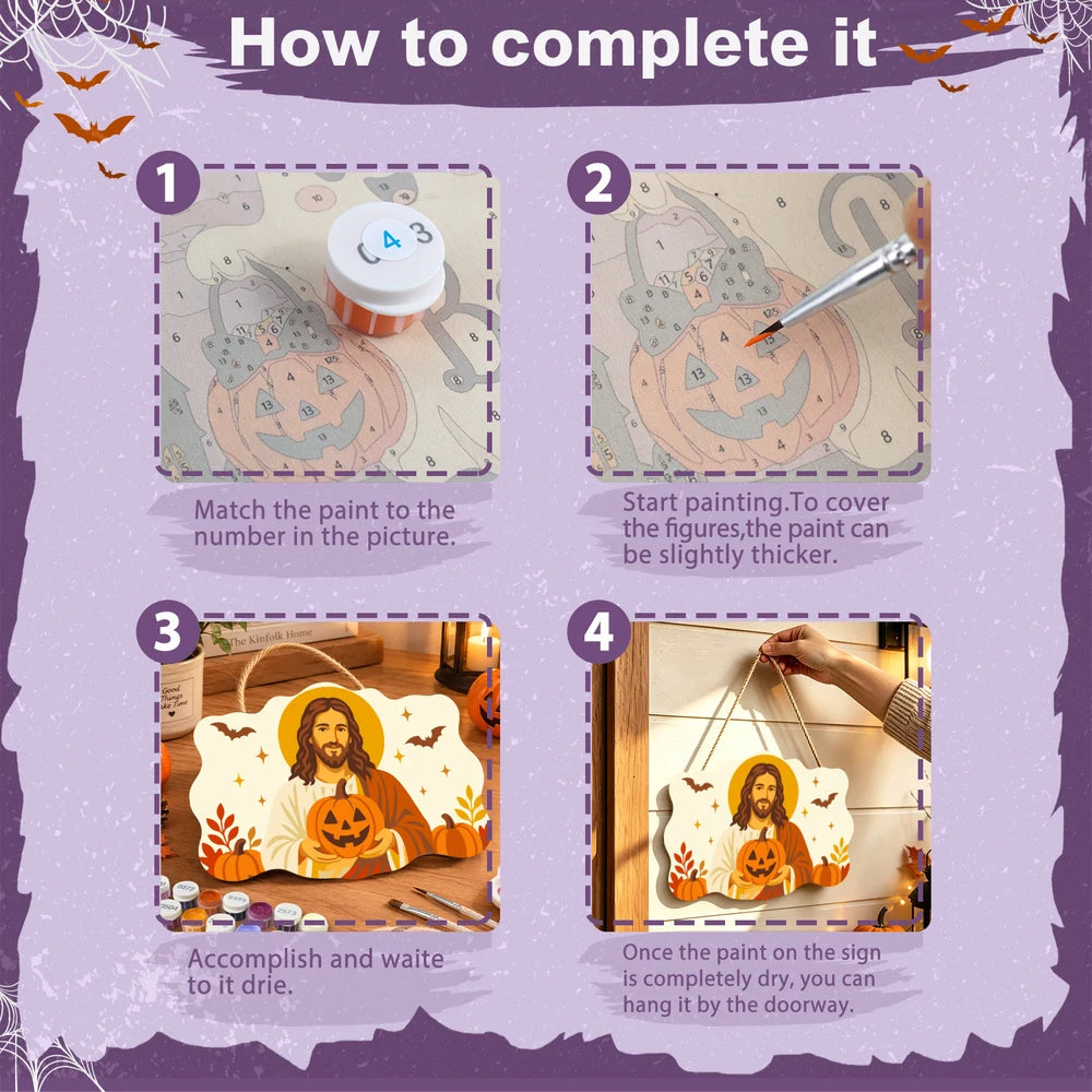 Paint by Numbers - Wooden Door Hanger | Jesus with a Jack-o'-Lantern in Autumn