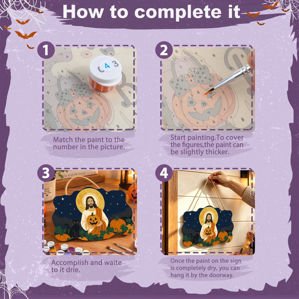 Paint by Numbers - Wooden Door Hanger | Jesus with a Pumpkin and Black Cat