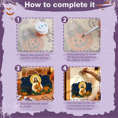 Paint by Numbers - Wooden Door Hanger | Jesus with a Pumpkin and Black Cat