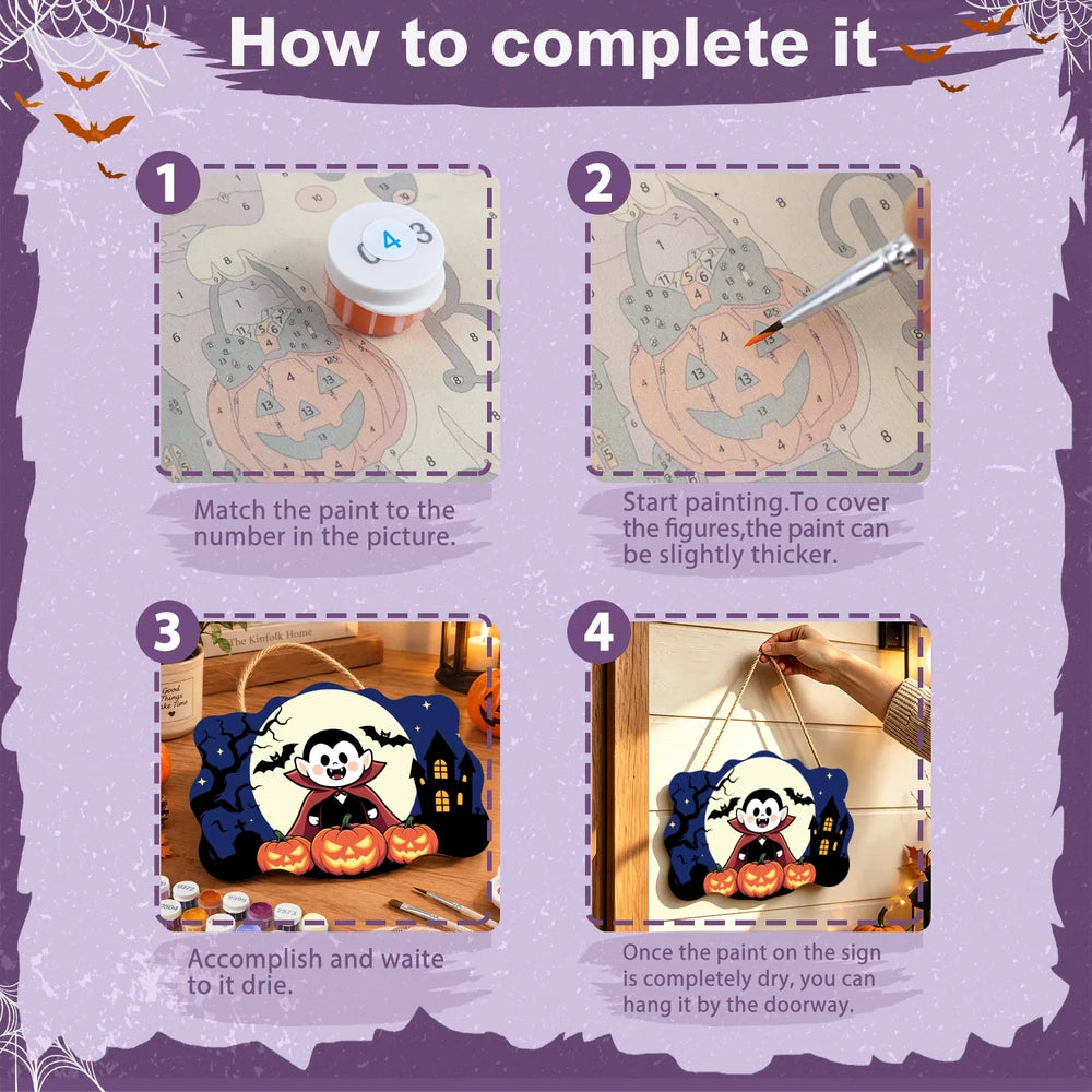 Paint by Numbers - Wooden Door Hanger | Little Vampire with Pumpkins
