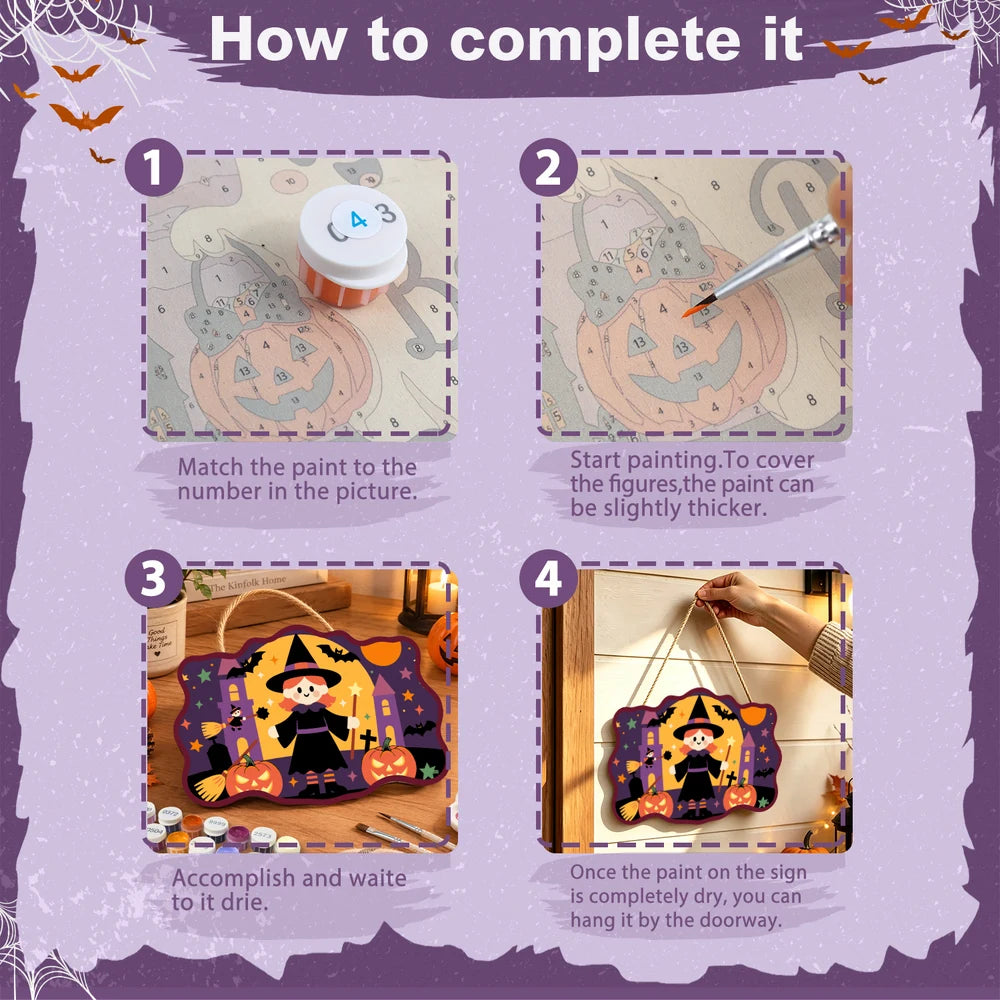 
Paint by Numbers - Wooden Door Hanger | Little Witch with Pumpkins