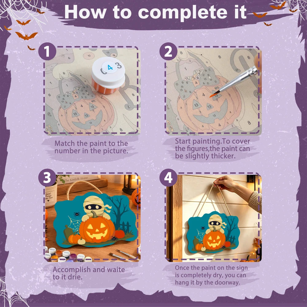 Paint by Numbers - Wooden Door Hanger | Mummy Behind a Jack-o'-Lantern