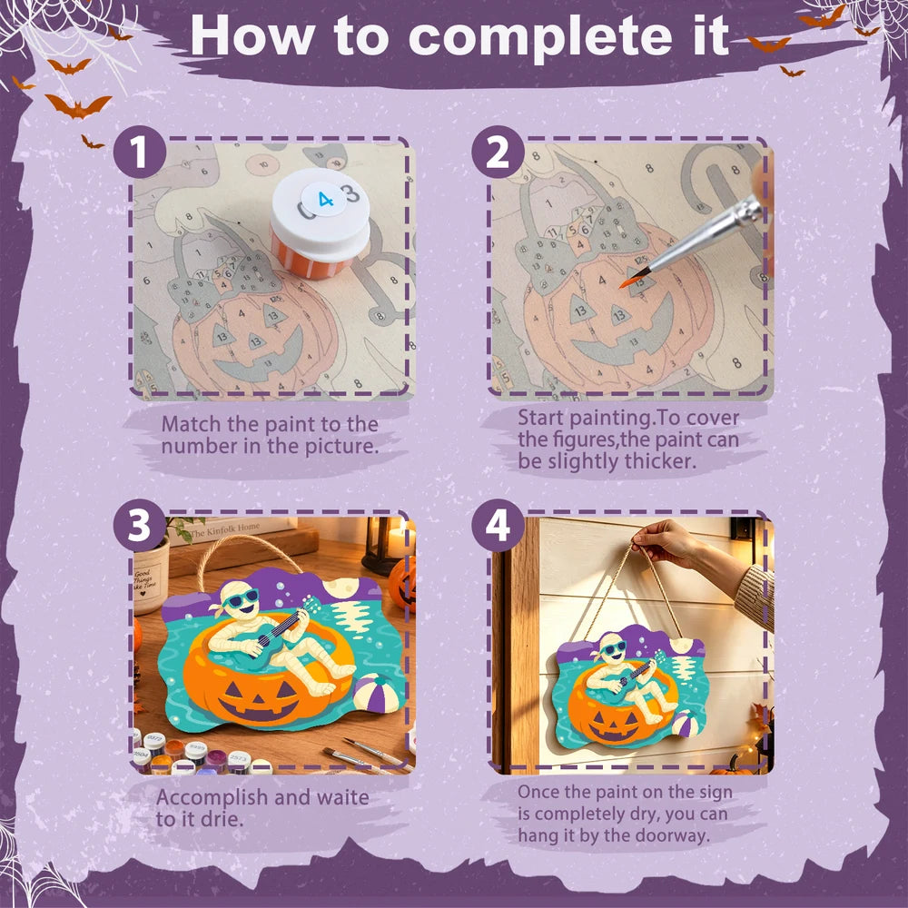
Paint by Numbers - Wooden Door Hanger | Mummy Playing Ukulele on a Pumpkin Float