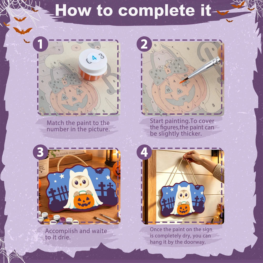 Paint by Numbers - Wooden Door Hanger | Owl Ghost with a Pumpkin