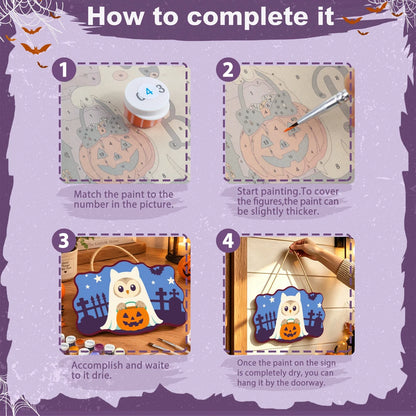 Paint by Numbers - Wooden Door Hanger | Owl Ghost with a Pumpkin
