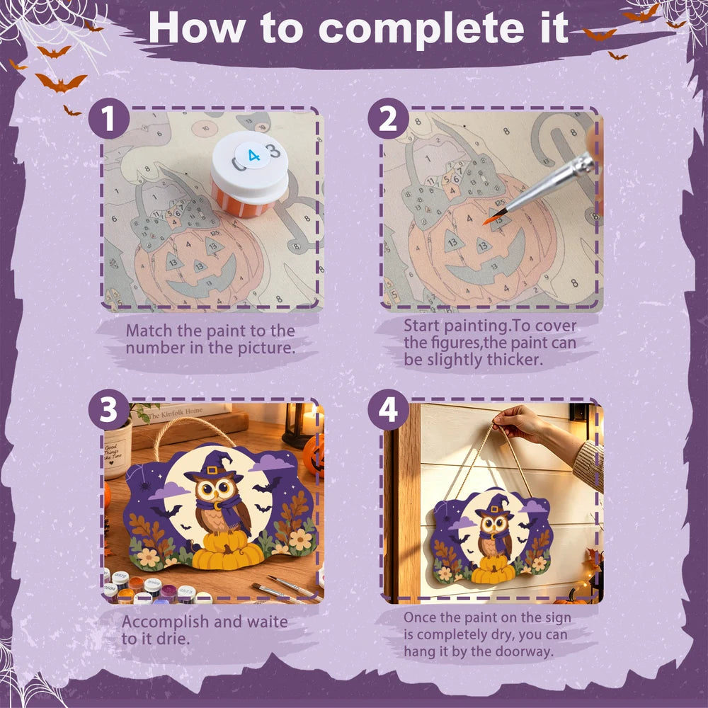 Paint by Numbers - Wooden Door Hanger | Owl in a Witch Hat in the Moon