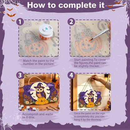 Paint by Numbers - Wooden Door Hanger | Owl in a Witch Hat in the Moon