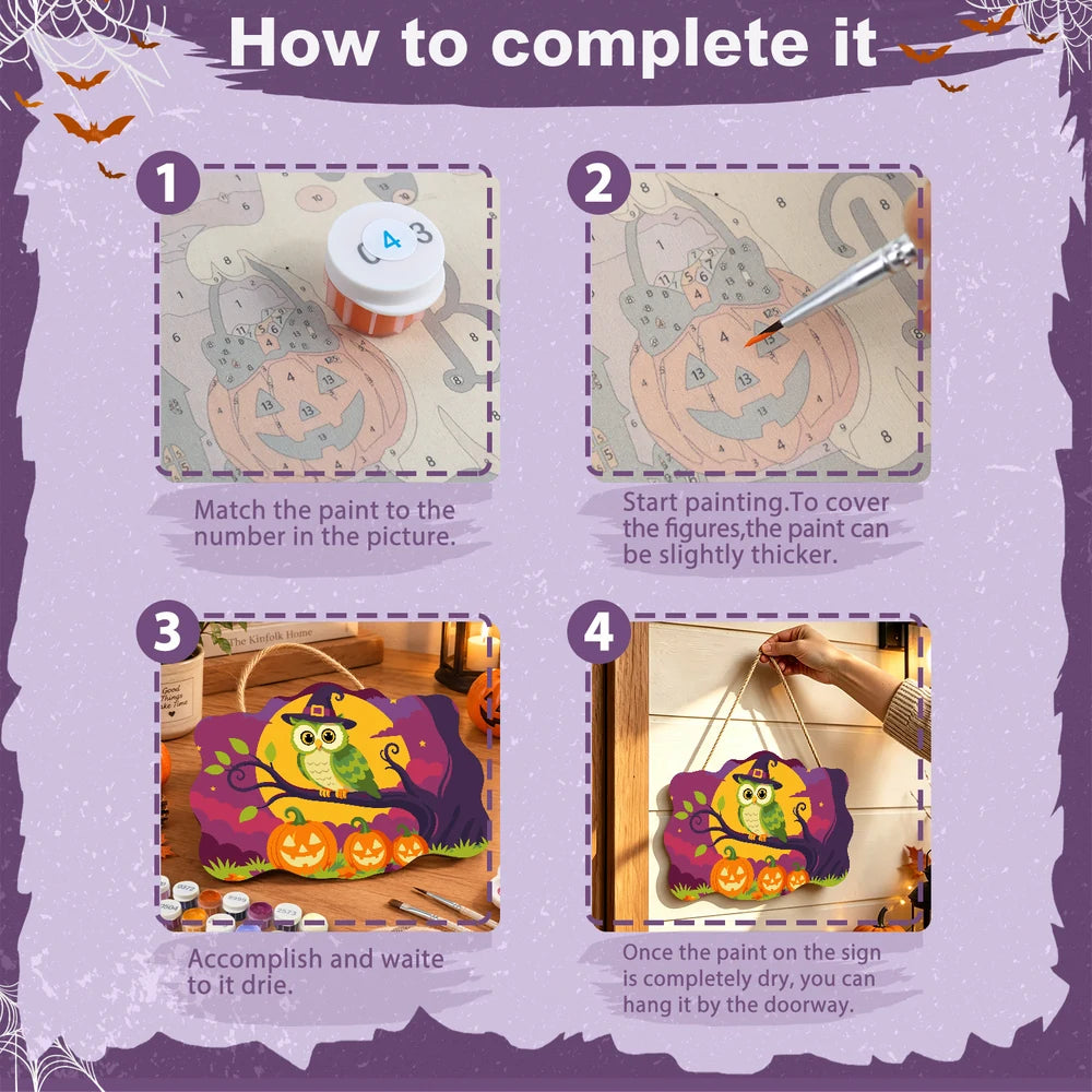 
Paint by Numbers - Wooden Door Hanger | Owl in a Witch Hat on a Branch