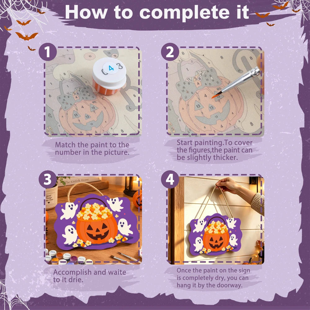 Paint by Numbers - Wooden Door Hanger | Popcorn Pumpkin Bucket with Ghosts