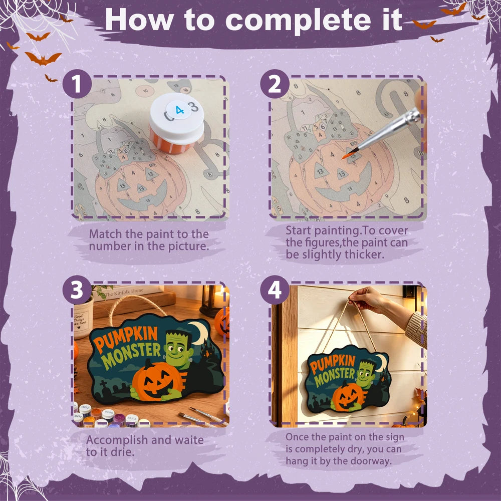 Paint by Numbers - Wooden Door Hanger | Pumpkin Monster