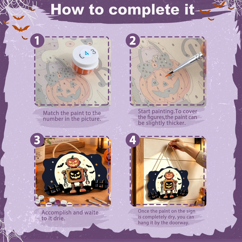 Paint by Numbers - Wooden Door Hanger | Pumpkin Robot Under the Moon