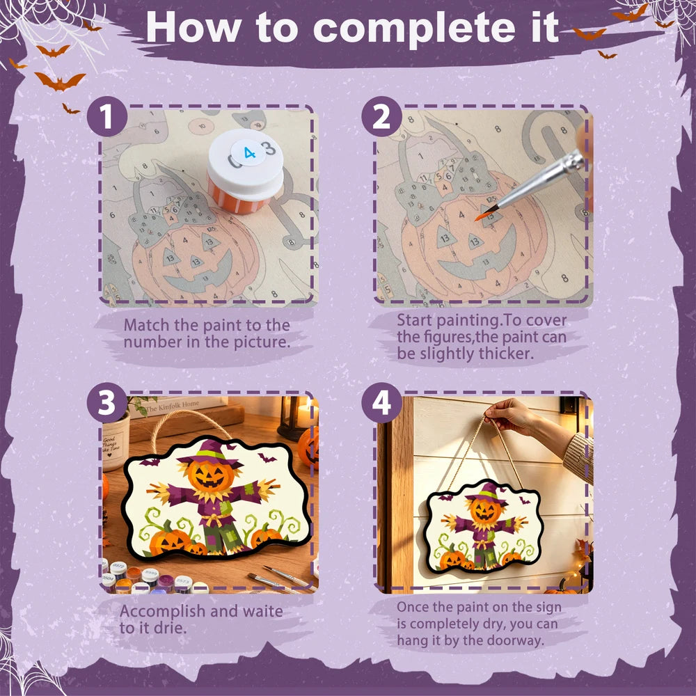 Paint by Numbers - Wooden Door Hanger | Pumpkin Scarecrow in Geometric Style