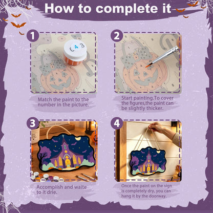 Paint by Numbers - Wooden Door Hanger | Purple Church on Halloween Night