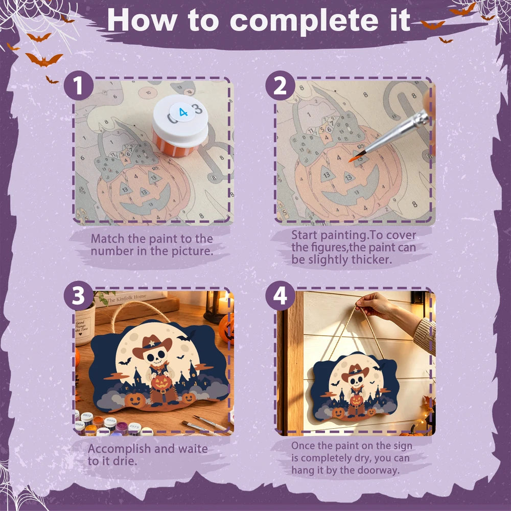 Paint by Numbers - Wooden Door Hanger | Skeleton Cowboy with a Pumpkin