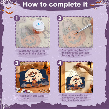 Paint by Numbers - Wooden Door Hanger | Skeleton Cowboy with a Pumpkin