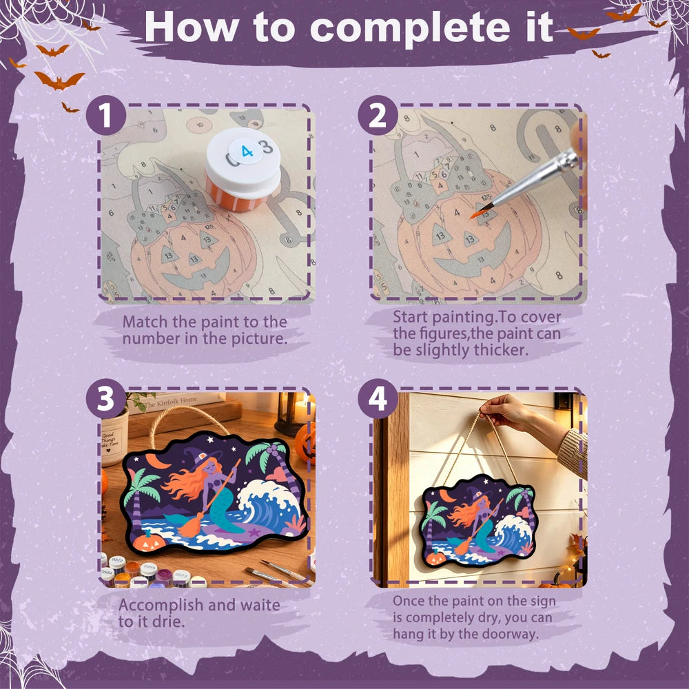 Paint by Numbers - Wooden Door Hanger | Surfing Mermaid Witch