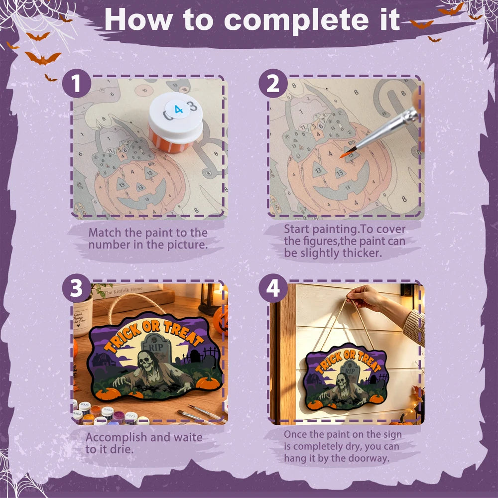 Paint by Numbers - Wooden Door Hanger | Trick or Treat Graveyard Zombie