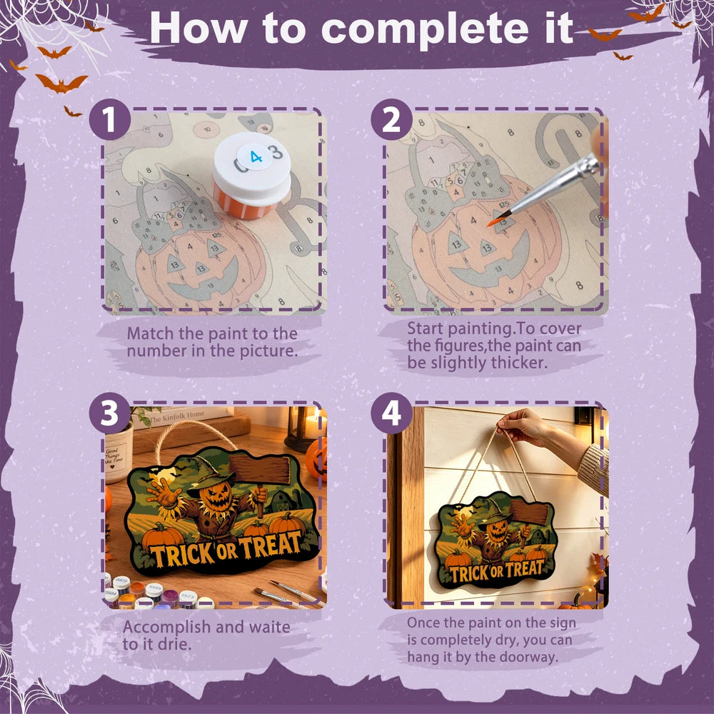 
Paint by Numbers - Wooden Door Hanger | Trick or Treat Scarecrow with a Sign