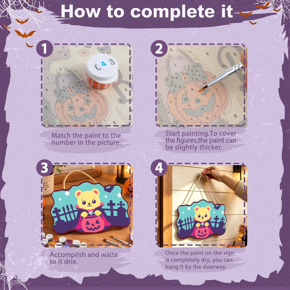 Paint by Numbers - Wooden Door Hanger | Vampire Bear with a Pumpkin