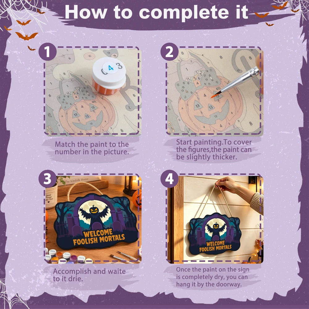 Paint by Numbers - Wooden Door Hanger | Welcome Foolish Mortals Pumpkin Bat
