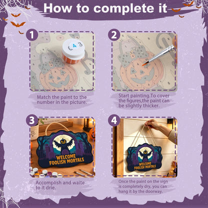 Paint by Numbers - Wooden Door Hanger | Welcome Foolish Mortals Pumpkin Bat