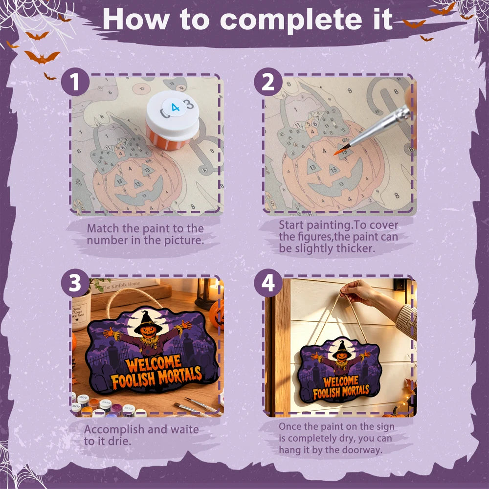 Paint by Numbers - Wooden Door Hanger | Welcome Foolish Mortals Scarecrow at the Gate