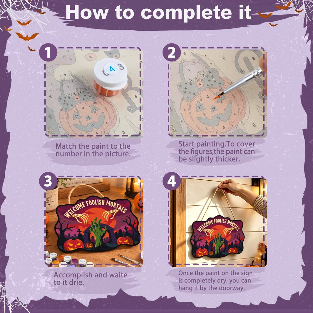 Paint by Numbers - Wooden Door Hanger | Welcome Foolish Mortals Zombie Hand