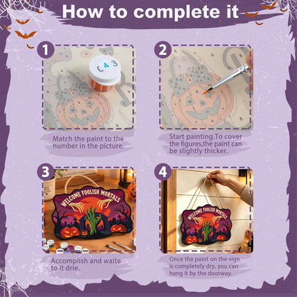 Paint by Numbers - Wooden Door Hanger | Welcome Foolish Mortals Zombie Hand