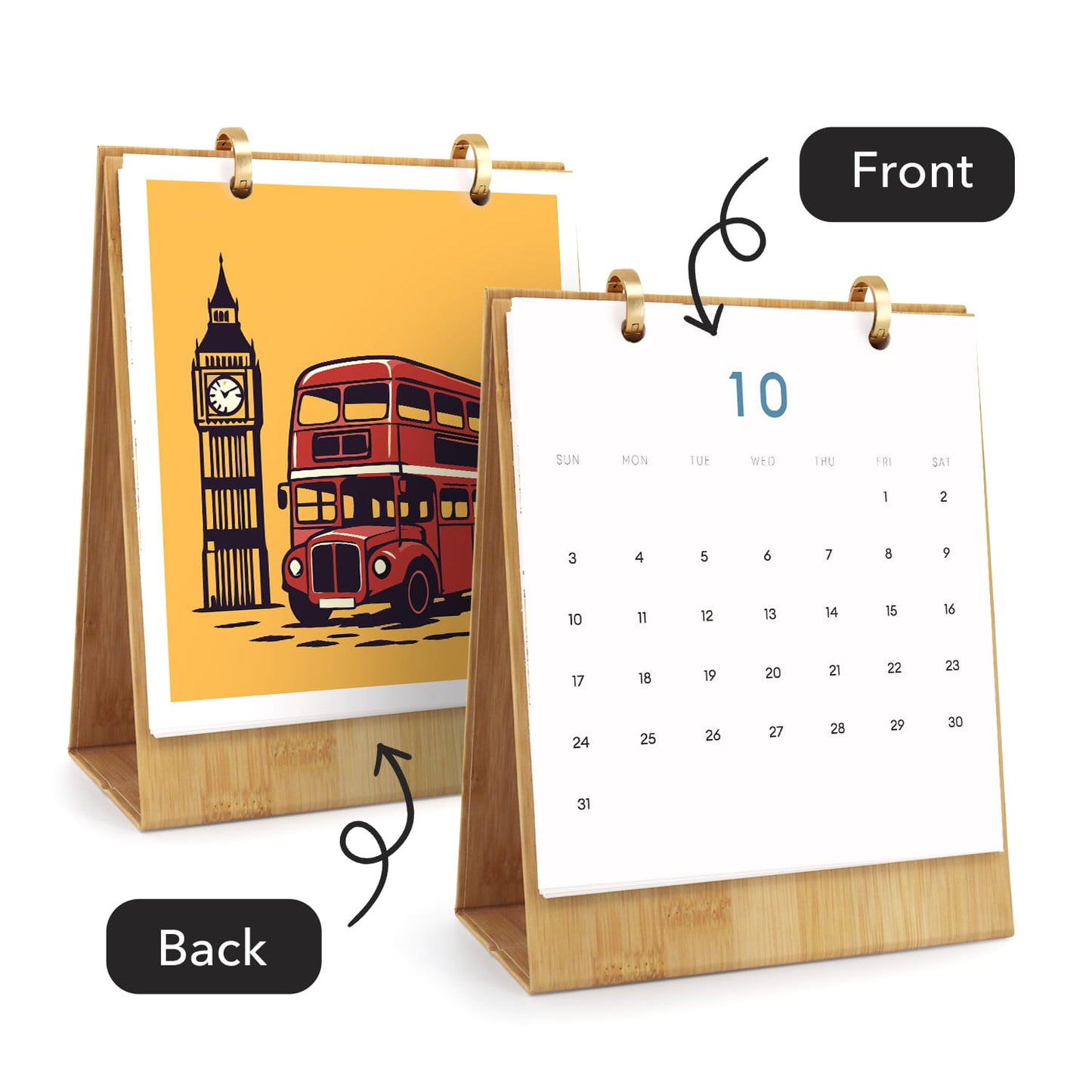 A bamboo desktop calendar shown from both front and back. The front view shows a white page with a monthly calendar grid and the number 10 in blue.