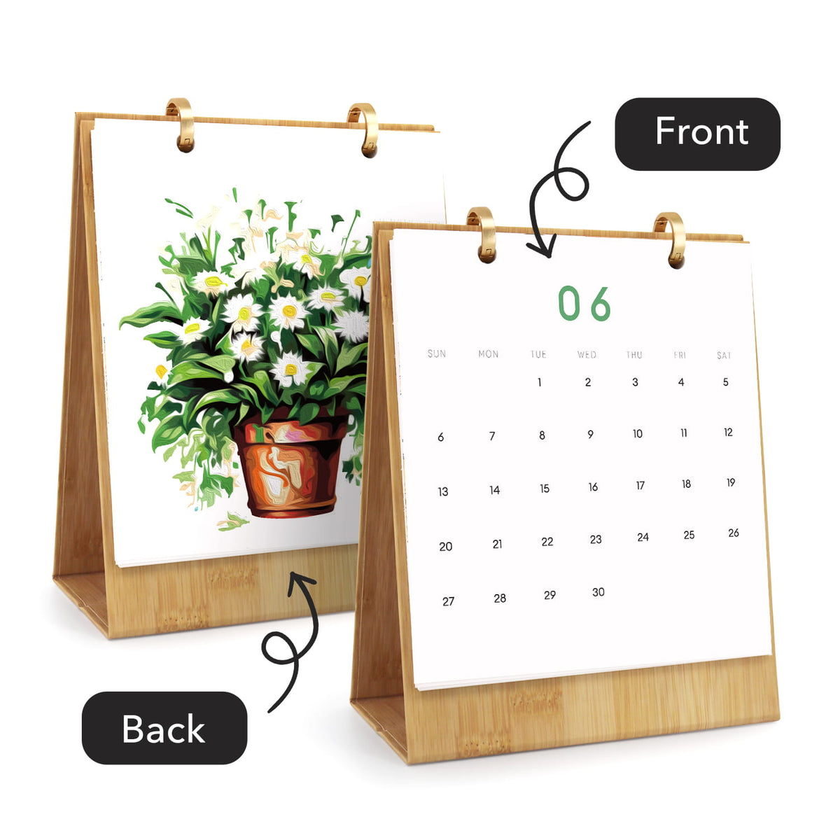 
A bamboo-style desktop calendar shown from both front and back. The front view displays the month of June with a green '06' header and a weekly calendar grid.