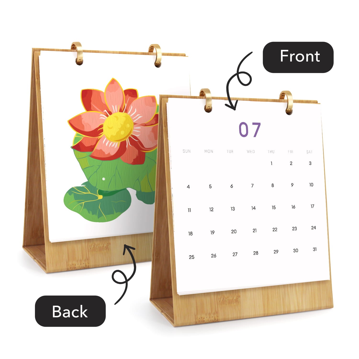 A bamboo desk calendar shown from both front and back. The front view shows a white page with the date 07 and a weekly calendar grid.